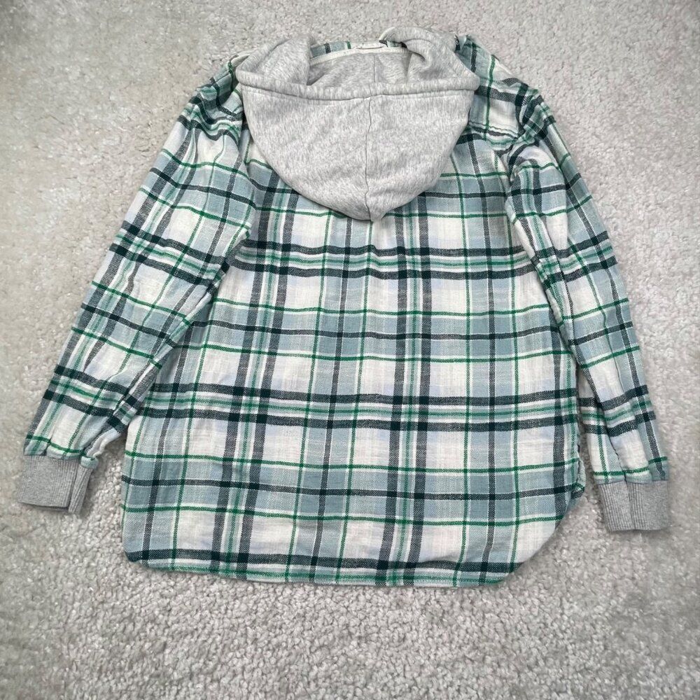 American Eagle Cozy Cabin Hoodie Flannel Shirt Green Plaid Womens Medium - Picture 2 of 8